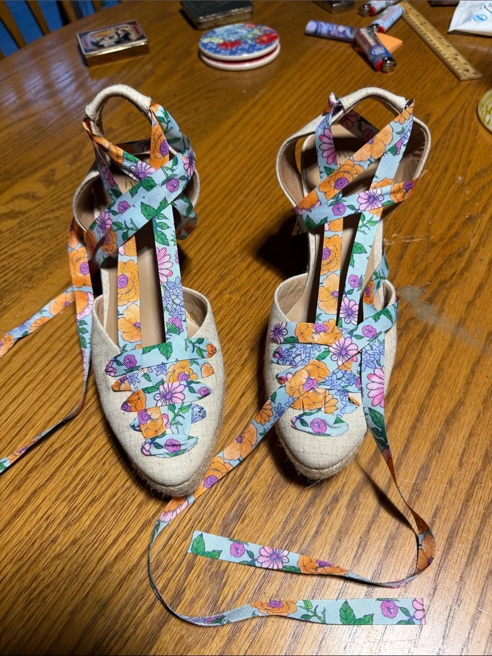 Floral Lace-Up Espadrille Wedge Sandals - Beige with Orange & Purple Floral Ties